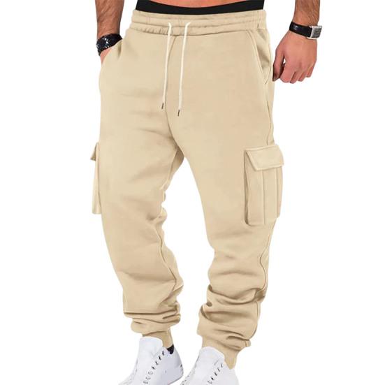 Men Cargo Pants Mid-rise Adjustable Waist Drawstring Casual Trousers with Reinforced