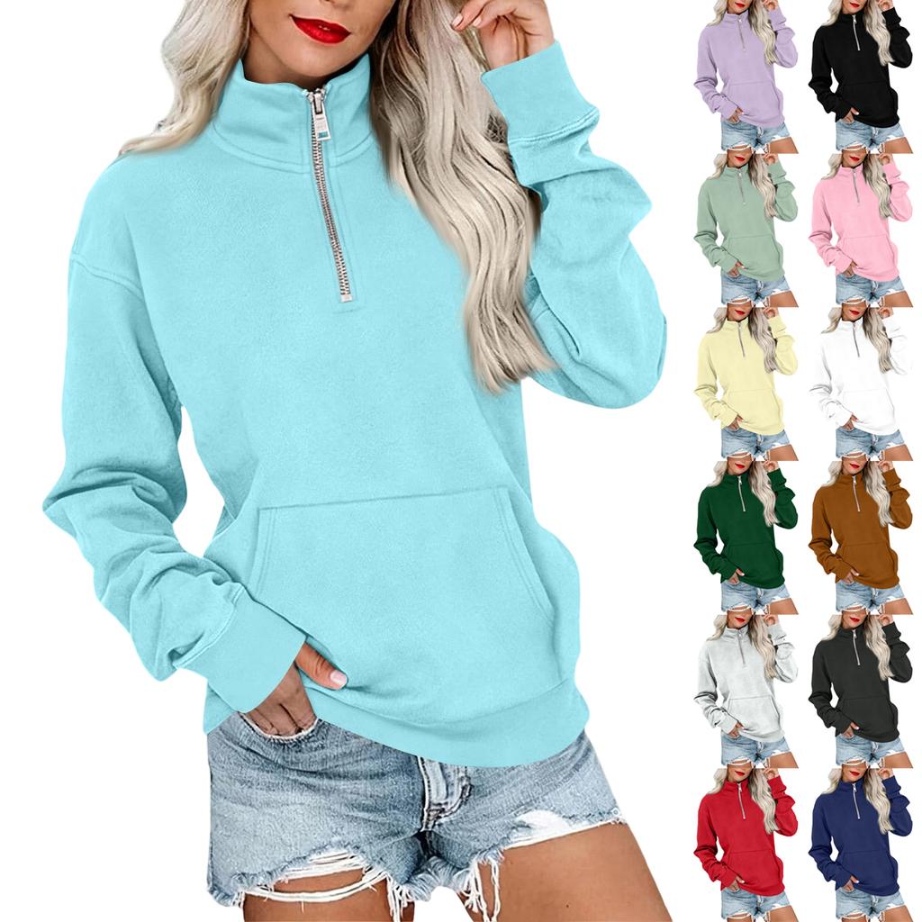 Women's Loose Fit Zip Up Sweatshirt Color Round Neck Long Sleeve Top