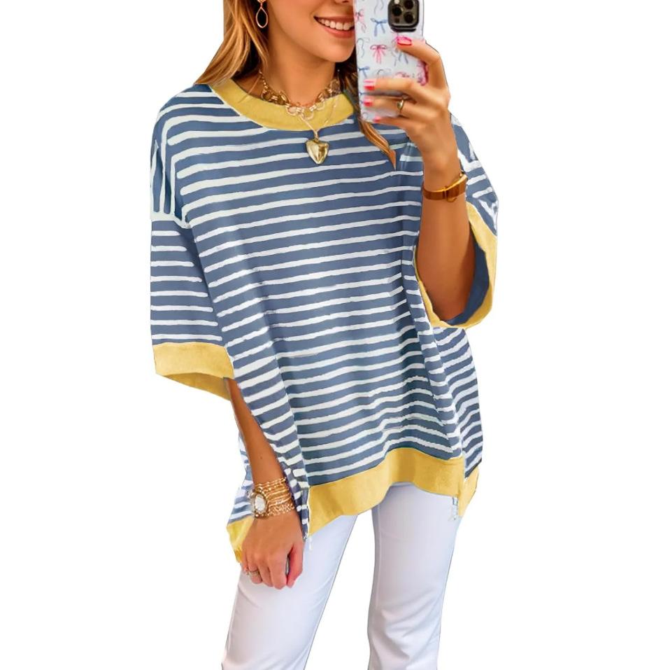 Women's Striped Oversized Top with Contrast Trim, Baggy Half Sleeve Crew Neck Tee for Casual Wear
