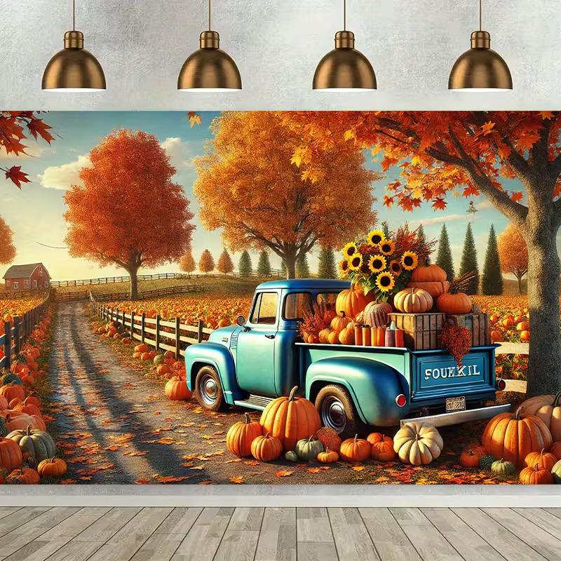 2D Autumn Harvest Truck Tapestry Rustic Farm Pumpkin Wall Art Decor 47.2x31.5inch/120*80cm