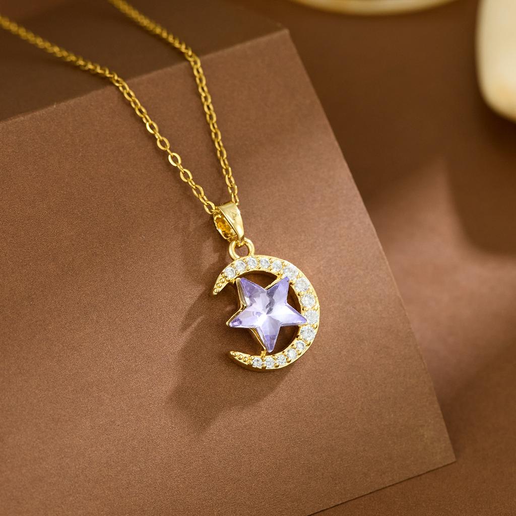 1pc Stainless Steel Moon Shaped Pendant Necklace Adorned With Rhinestones, Great Gift For Women