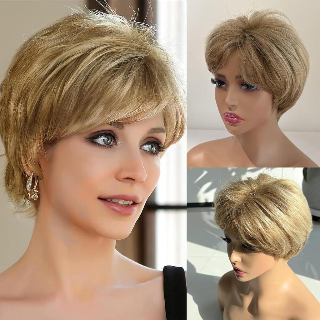 Short Mixed Golden Brown Blonde Wig with Bangs for Women Fluffy Layered Synthetic Hair Daily Party Cosplay Use Heat Resistant Fiber