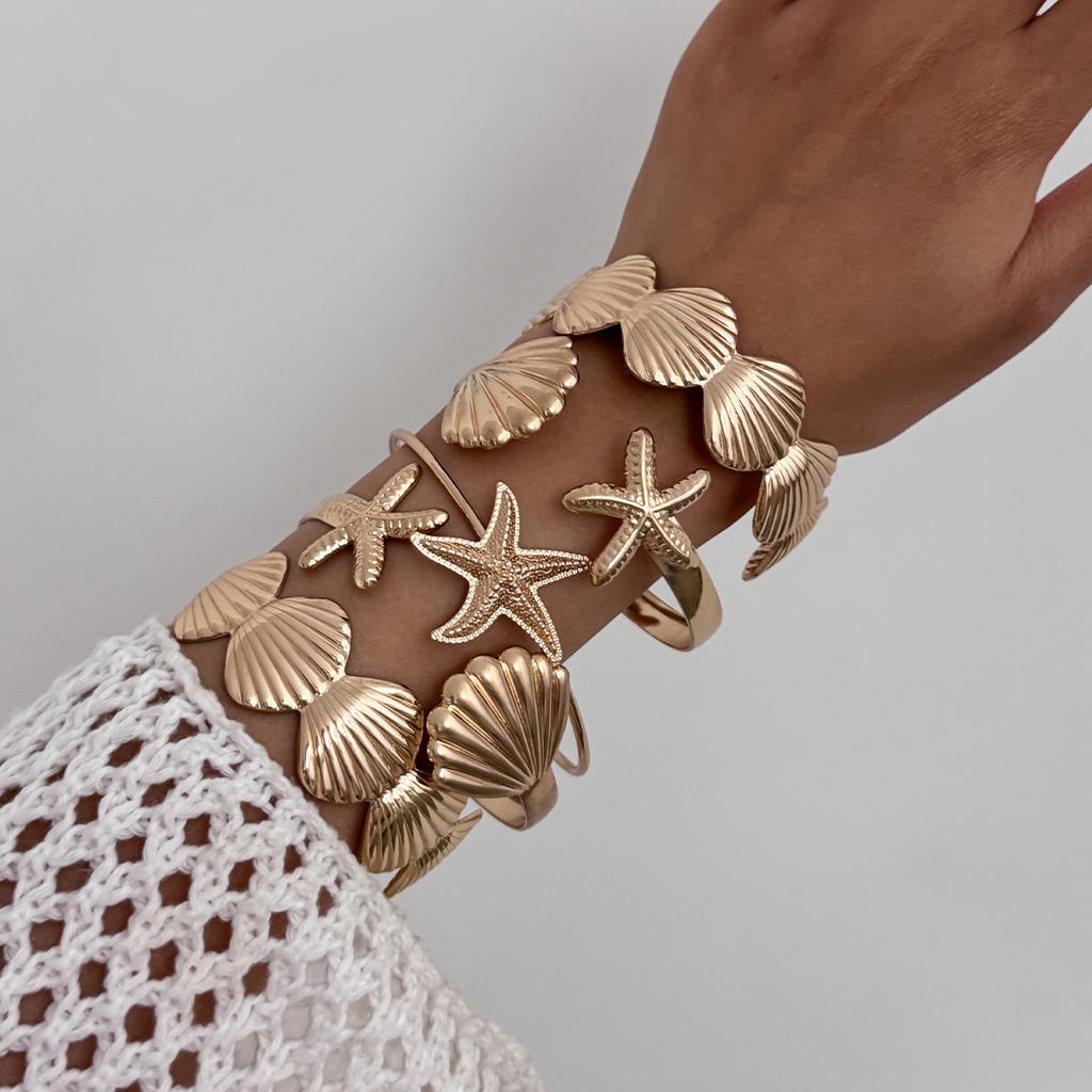 Ingemark 12Pcs/Set Punk Starfish Scallop Open Cuff Bangles Adjustable Rings for Women Boho  Armband Bracelets Summer Jewelry Set