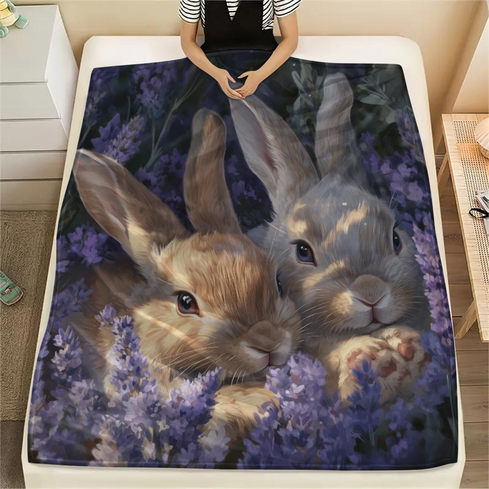 Rabbit and Flowers pattern Flannel Blanket, High quality Comfortable for All Seasons, Home Decor, Warmth and Comfort, Perfect for Gifts.