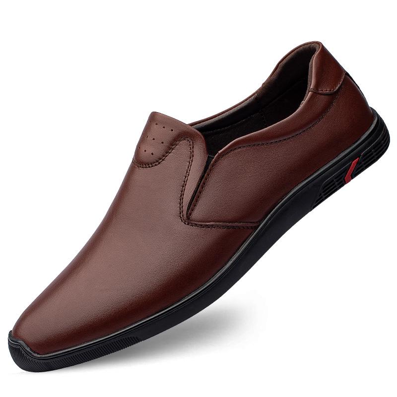 Men s Round Toe Cowhide Leather Slip-on Loafers with Breathable Flat Sole 39