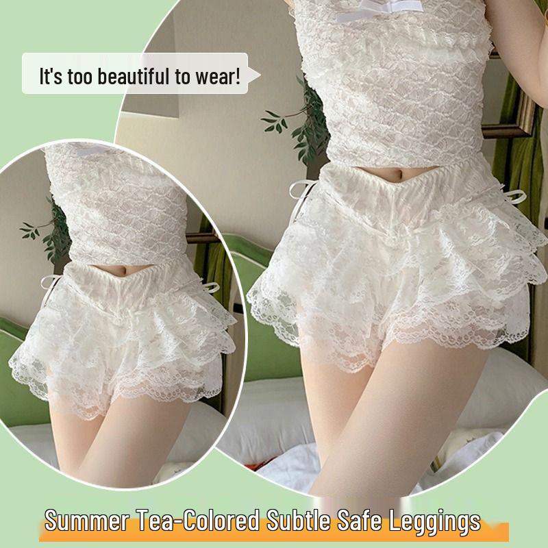 Summer Ice Silk Layered Pumpkin Skirt with Lace Leggings