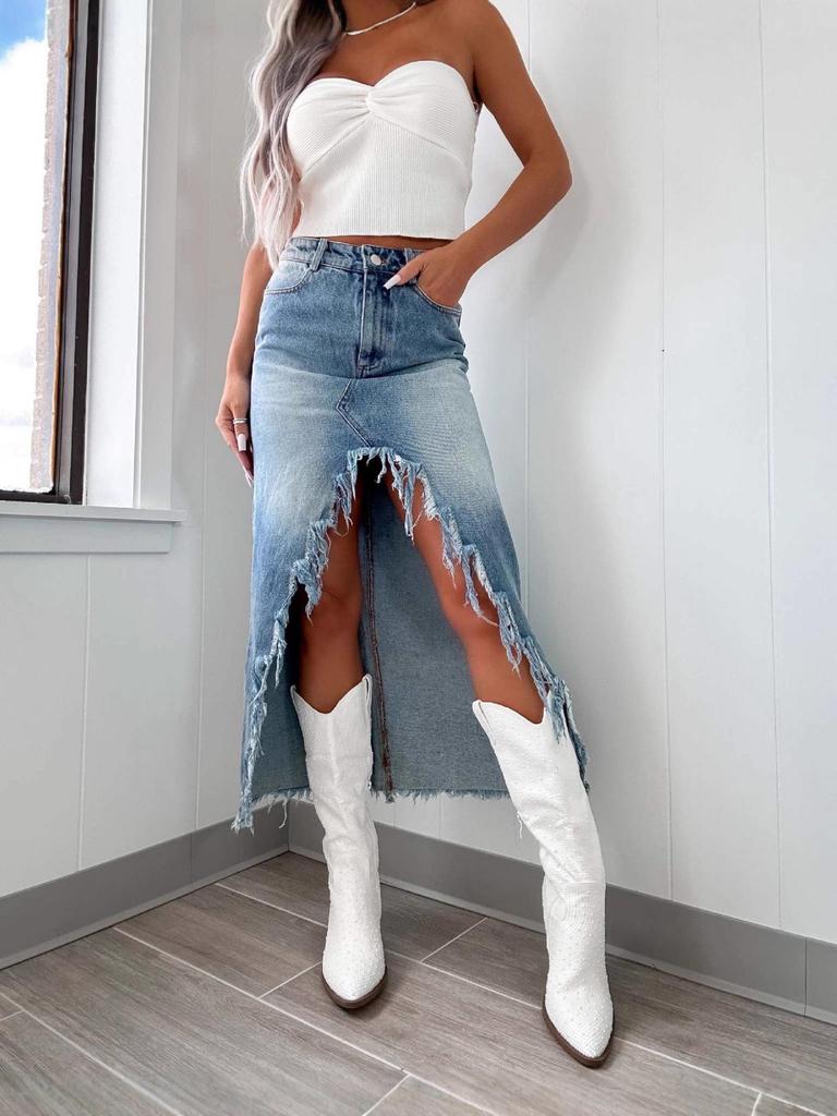 High-Waisted Irregular Frayed Hem Vintage Washed Denim Midi Skirt - Spring 2025 Collection