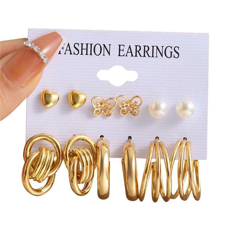 IF ME Vintage Gold Plated Earrings Set Metal  Heart Twist Geometric Hollow Hoop Earrings For Woman Fashion Jewelry Gifts