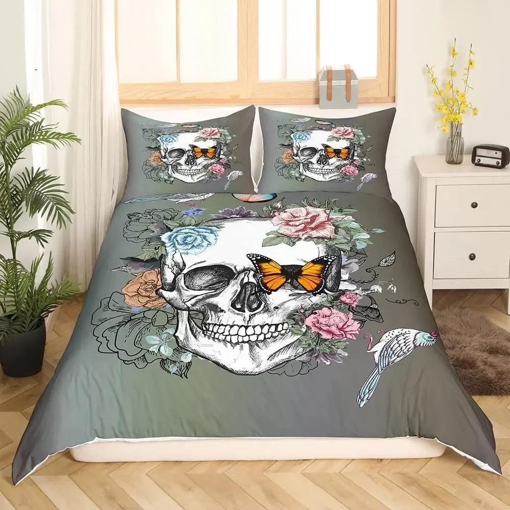 Gotisches Zuckerschädel Knochen Bettwäsche Set Skelett Hand Bettdecke Bezug Rosenblätter Romantische Blumen