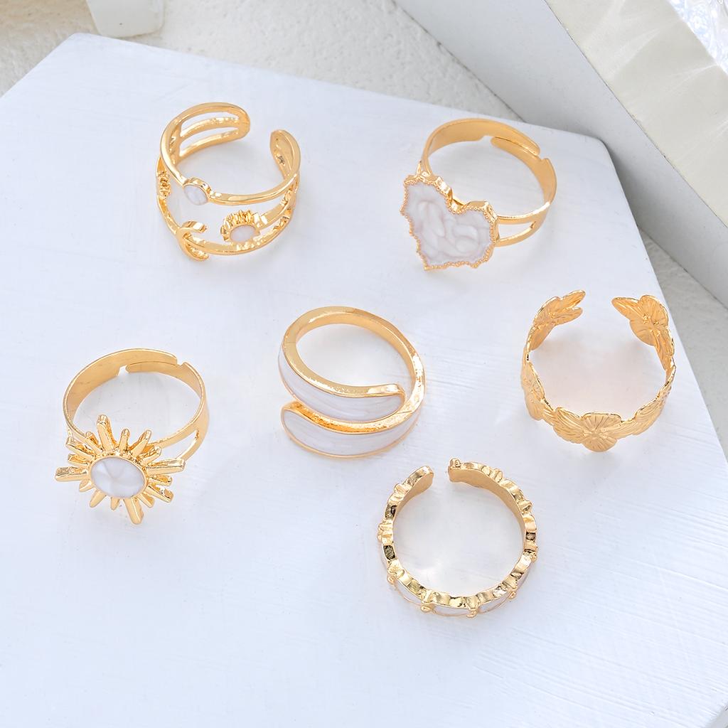 IF ME 6-Piece Fashionable Heart-Shaped Sun-Moon Sunflower Geometric Irregular Glitter Drip Ring Set Women's Holiday Party Jewelry