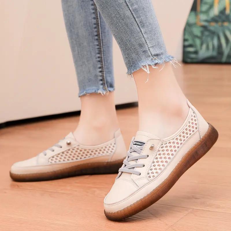 Fashion Genuine Leather Soft Sole Outdoor Summer Walking Vulcanized Shoes Women Jogging Sneakers Woman Flat Trainers Fitness Footwear