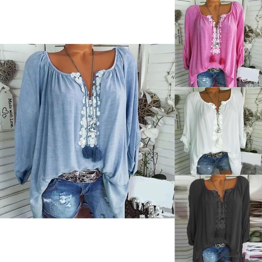 Elegant Plus Size Women Boho Long Sleeve Blouse Baggy Tops With V Neck Design