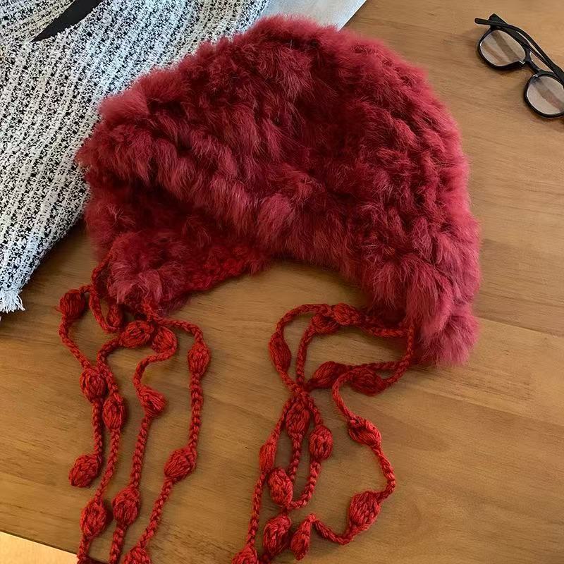 Cartoon Style Wool Beanie With Plush Fur Material And Adjustable Fit For Casual Wear