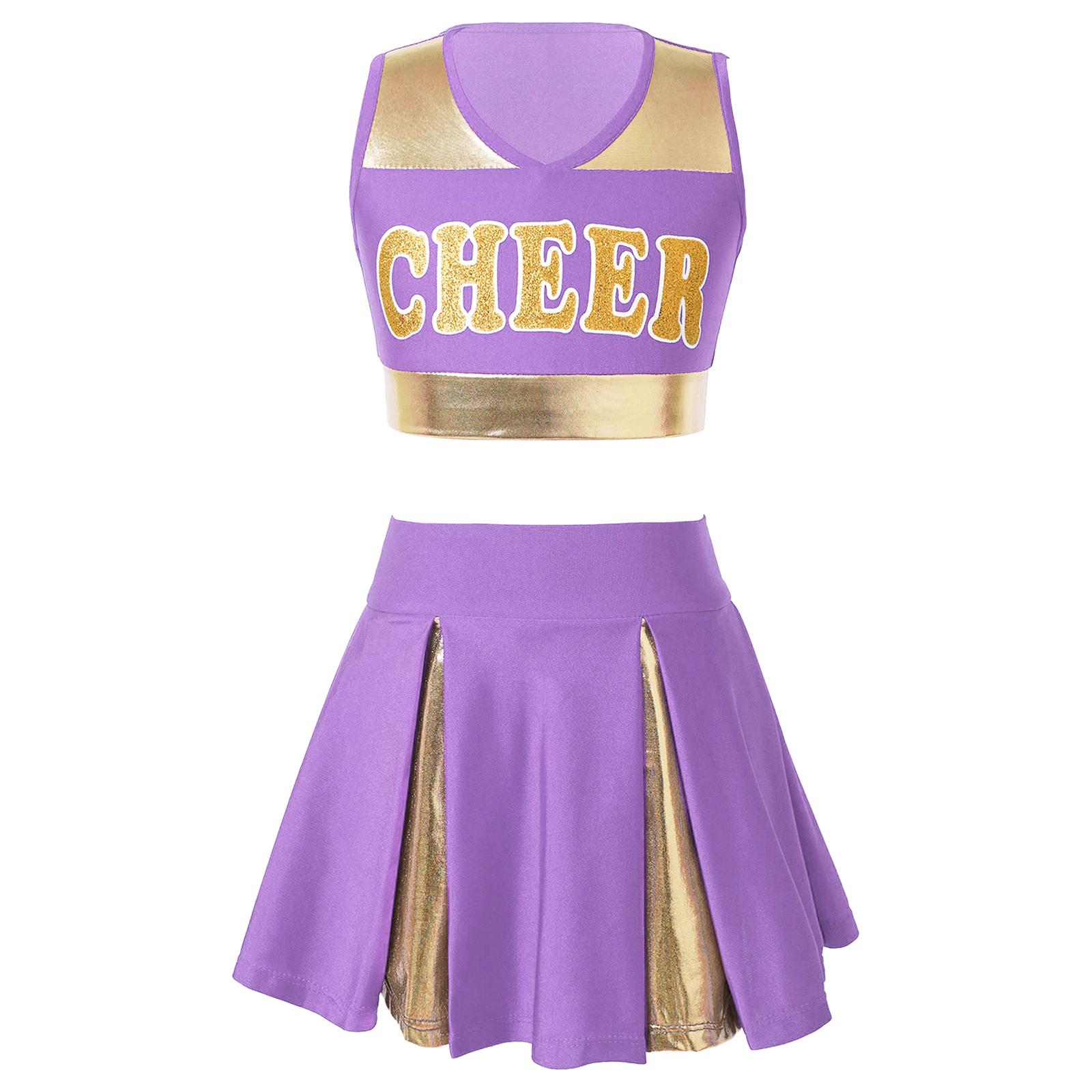 

Girls Cheerleading Dance Set Sleeveless V Neck Letter Print Crop Top Elastic Waistband Skirt 15-16 Years лавандовий