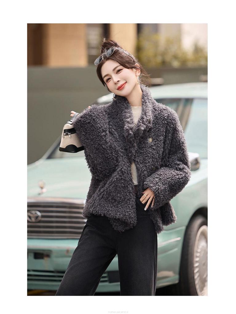 Women's Wool Fur-Trim Coat - Autumn/Winter, Casual Loose Fit, Stand-Up Collar, Single-Breasted (HE8835)