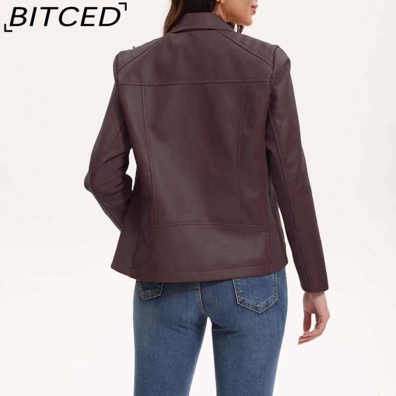 BITCED Fashion Women's Leather Jacket, Short Leather Jacket, Knitted Patchwork Stretch Coat