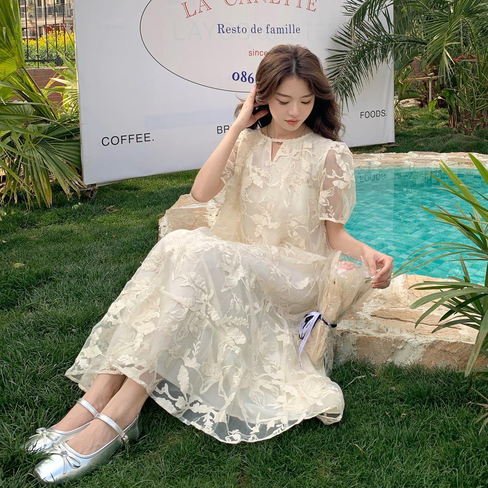 

Women s Beige Long French Dress with Heavy Embroidery - Summer 2025 Beach Vacation Wear XL [130-140 lbs]