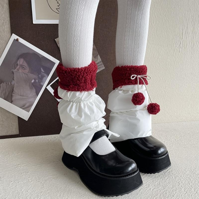 Lamb Fleece Trim Padded Puffer Leg Warmers with Cute Plush Balls for Women Warm Thermal Quilted Boot Cuffs Foot Covers