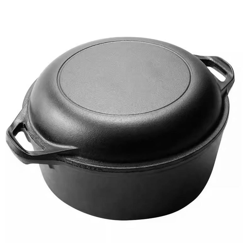 2 In 1 Cast Iron Dutch Oven with Skillet Lid Dutch Oven Pot Skillet Cookware Pan Set for Bread Frying Baking