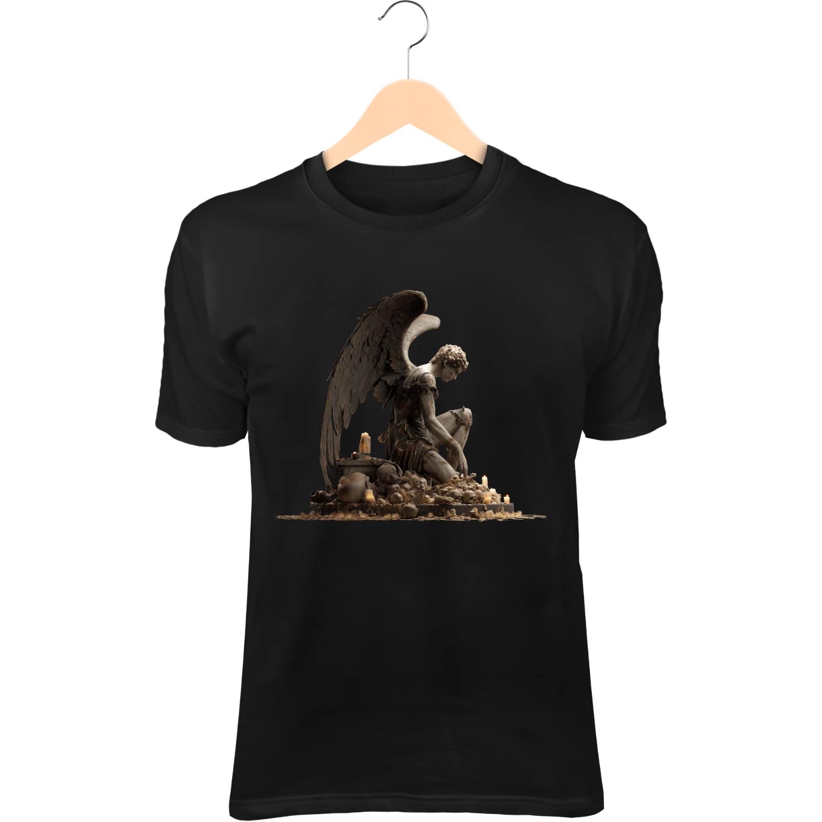 Dark Angel Skull III T-Shirt – Broken Black Wings, Kneeling on Bones S