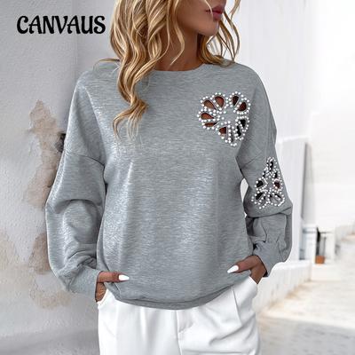 Beaded Top Spring and Autumn Women's Round Neck Loose Casual Hollow Out Pullover Sweatshirt