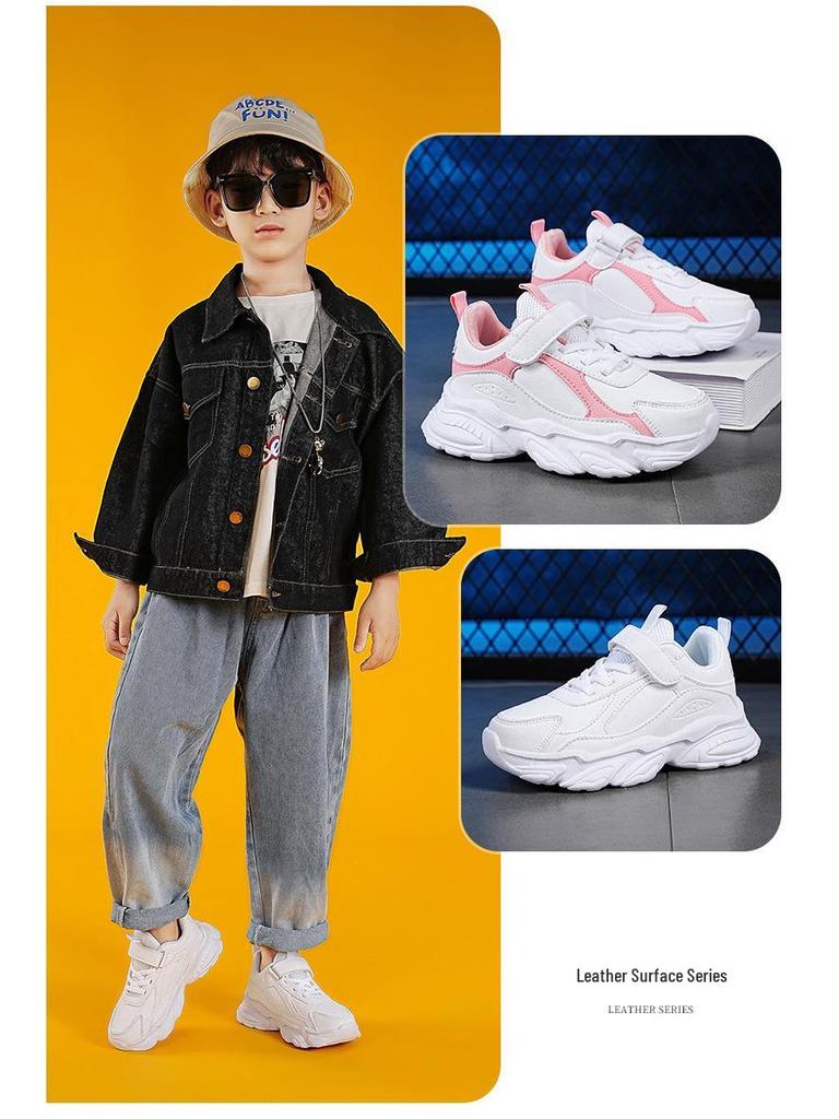 Kids' Spring Sports Shoes: Non-Slip Soft Sole Running Sneakers, White Leather, Casual Fashion for Boys & Girls
