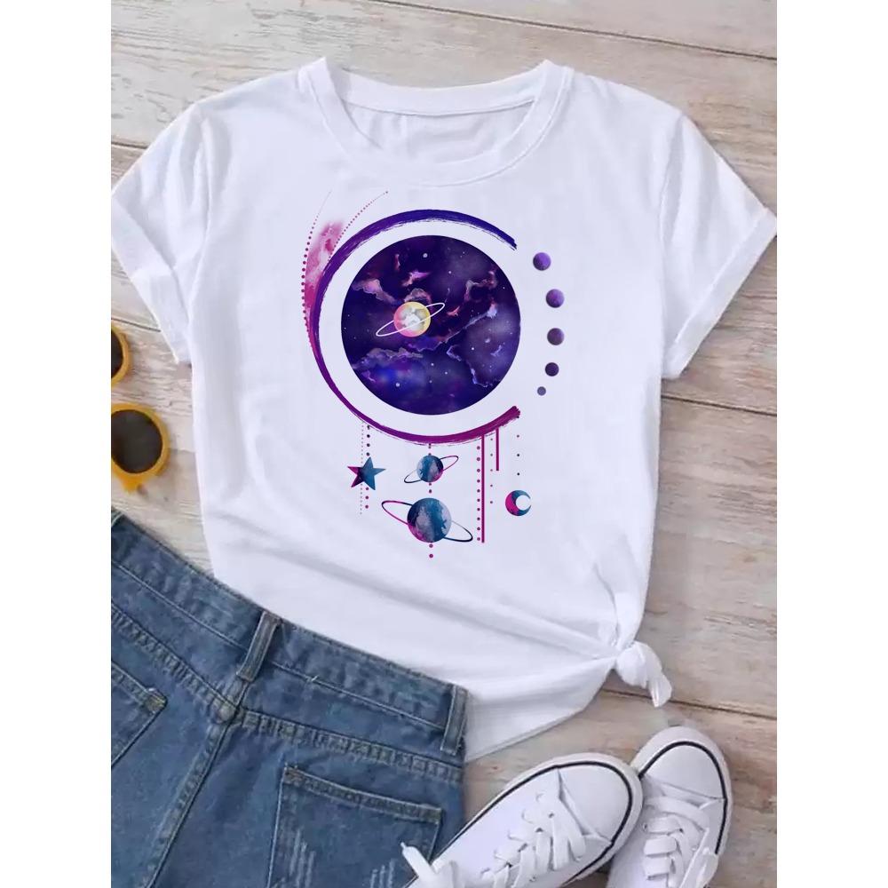 Maycaur T-shirt Dames Maan Planeet Print Mode T-shirts Casual Ronde Hals Korte Mouw Streetwear Dames T-shirt Vintage Tops