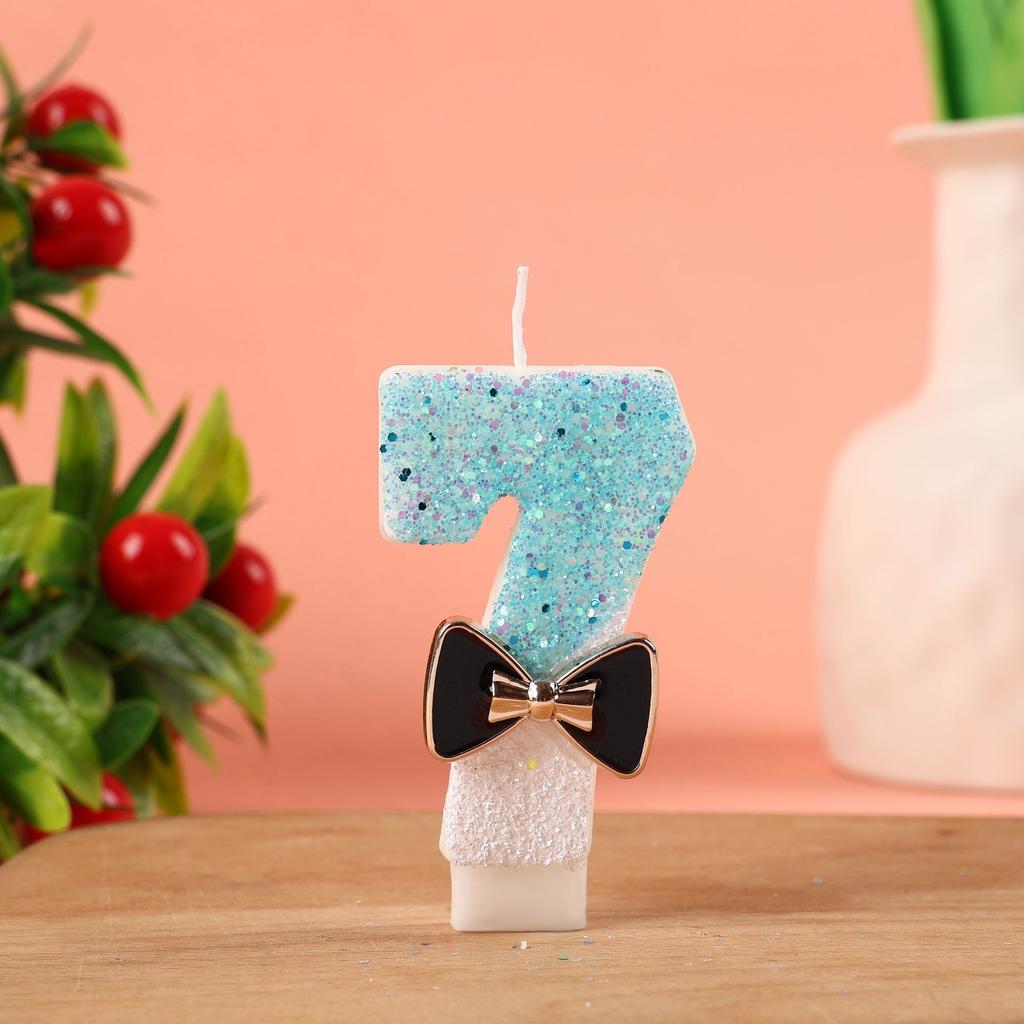 Number Shape Birthday Candle with Decorative Bow Tie Design for Cake Decoration Children Baking Party Supplies 0 To 9 Digit Candles