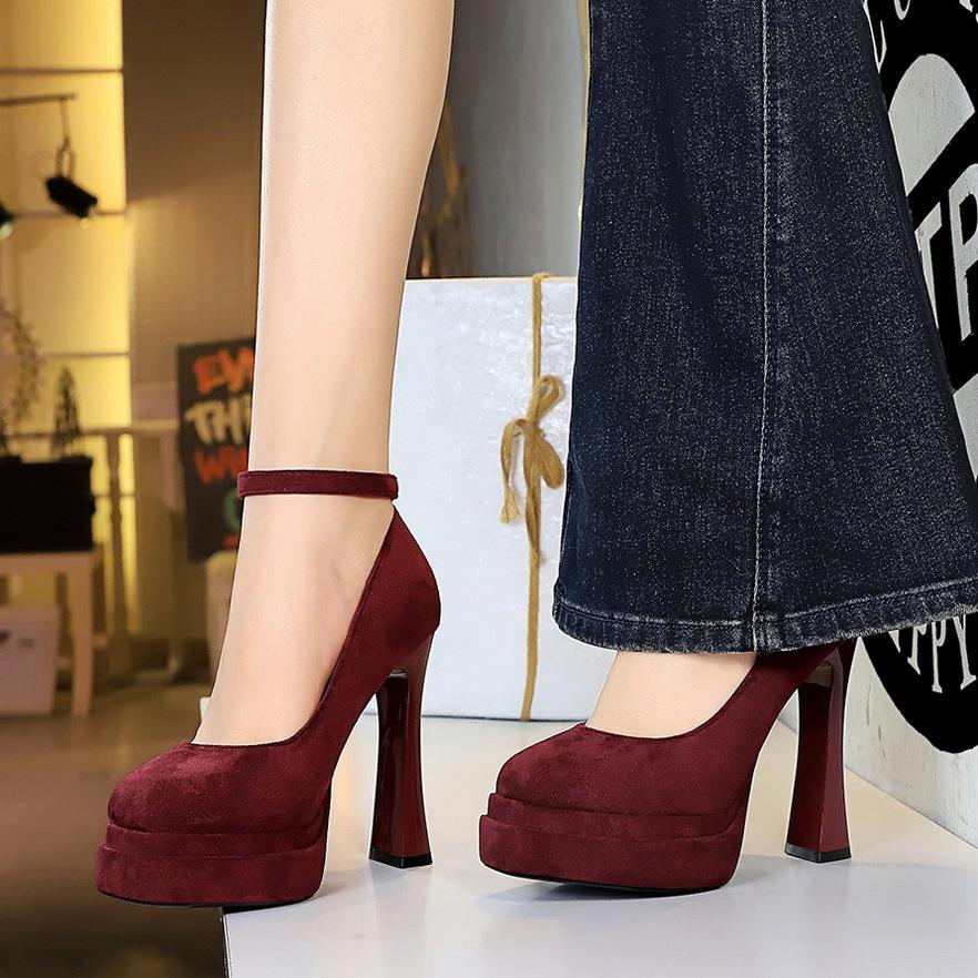 

Туфли женские на очень высоком каблуке с круглым носком, однотонные туфли-лодочки на толстом каблуке, водонепроницаемая платформа с двойным слоем, ремешок с пряжкой в форме буквы Т 34