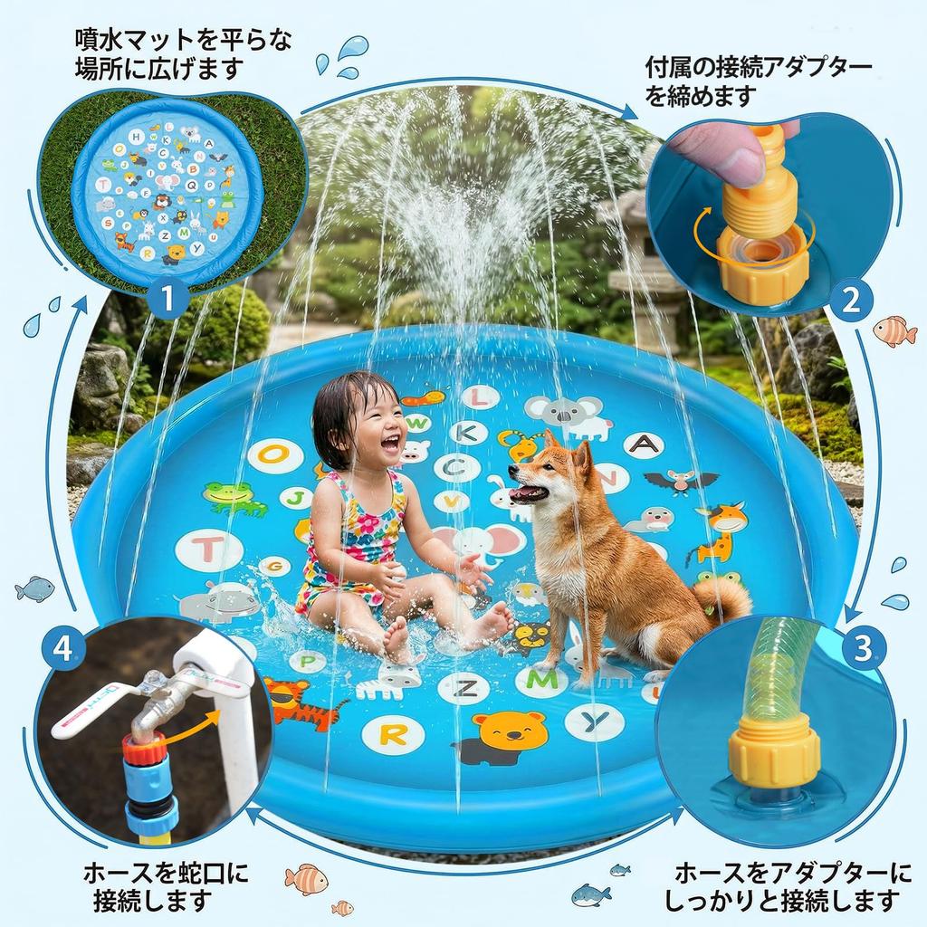 Ninonly Fountain MatPool, 170cm Diameter, for Children and Pets, 3 Fountain Height Settings, No Inflation Required, Cute Play Mat, Water Play, Pool