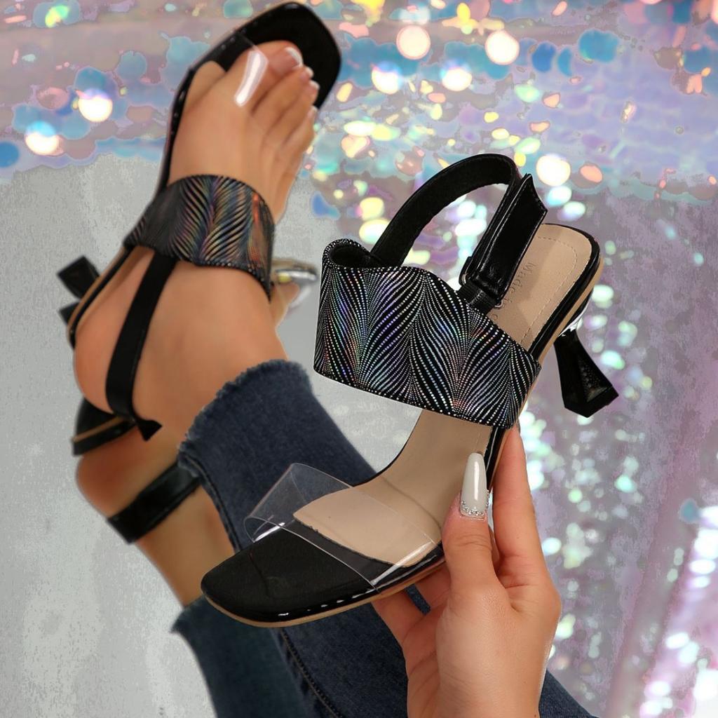 Foreign trade large size sandals women's new foreign trade high-heeled rhinestone color shoes