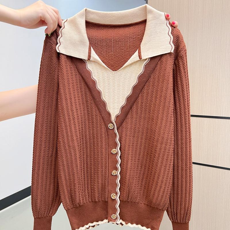 New autumn and winter two-piece color-matching lapel women's knitted top