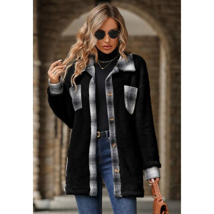 Mid Length Fleece Coat Women Single Breasted Plaid Warm Outerwear Lapel Winter