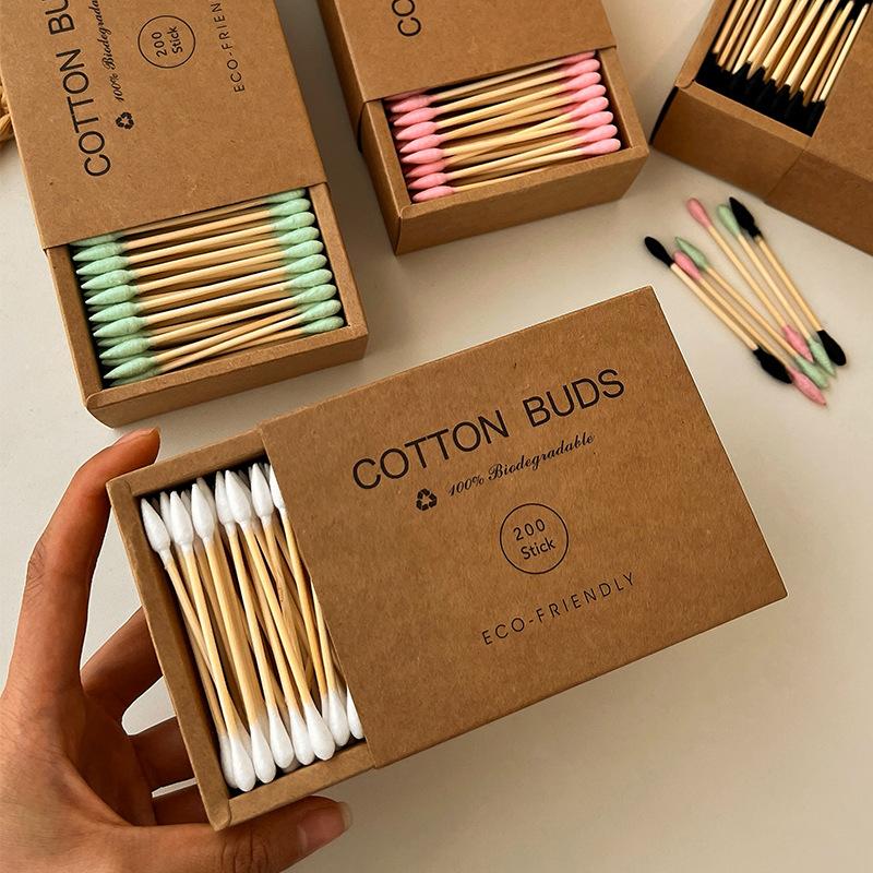 200Pcs Bamboo Cotton Swabs In Kraft Paper Box, Eco-Friendly Double Headed Cotton Sticks, Makeup Remover & Ear Cleaning