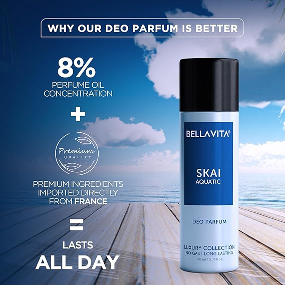 Bella Vita Luxury SKAI AQUATIC No Gas Deodorant Body Perfume for Men with Bergamot, Pineapple, Lavender | 150 ML