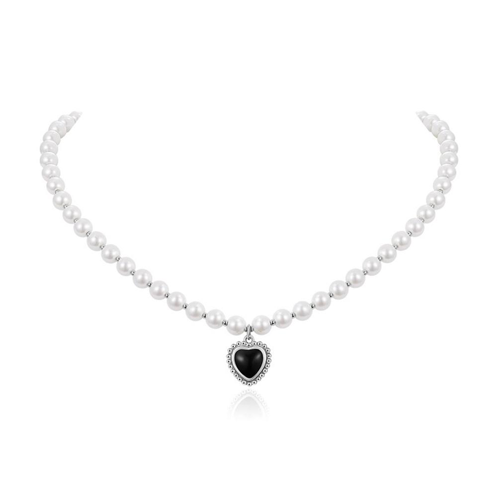 French Retro Imitation Pearl Chain Choker Trendy Black Acrylic Love Pendant Necklace Elegant Fashion Accessories Women's Jewelry
