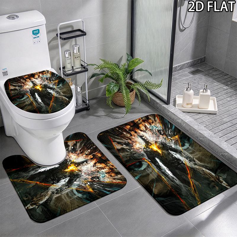 3pcs Lightning Adam Pattern Flannel Nonslip Absorbent Washable Decorative Bathroom Home Toilet Seat Cover Mat