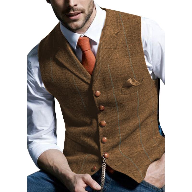 Brown Casual Gentleman Men's Vest Plaid Jacket Tweed Business Waistcoat for Wedding Best Man