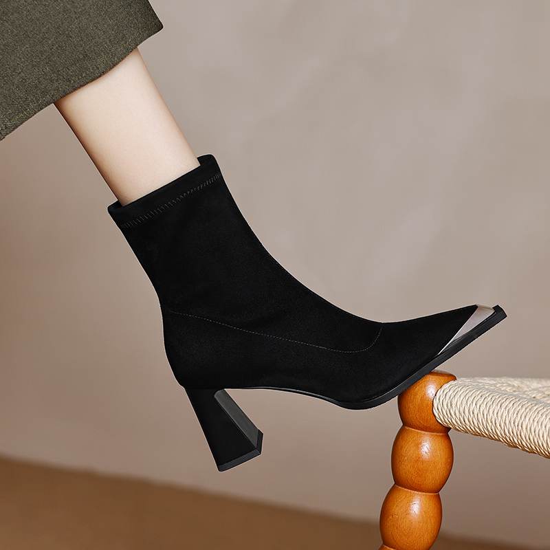 Krazing Pot Flock Autumn Winter Shoes Metal Decoration Thick High Heels Big Size 40 Modern Boots Square Toe Keep Warm Slip On Ankle Boots