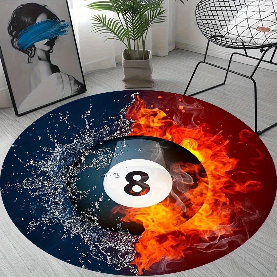 

Unique 8-Ball Round Flannel Mat, Flame & Water Splash Print, Non-Slip Rubber Backing, Vibrant Pool-Themed Rug 60cm