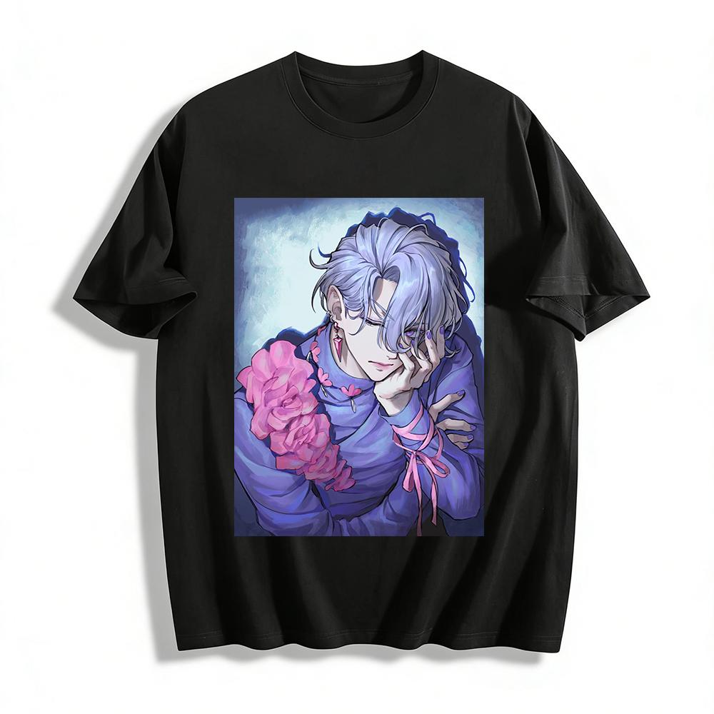 Japanese Anime Melancholy Silver-haired Handsome Guy Print Long-sleeve Top Niche Cool Style Trendy T-shirt Pure cotton T-shirt XXS