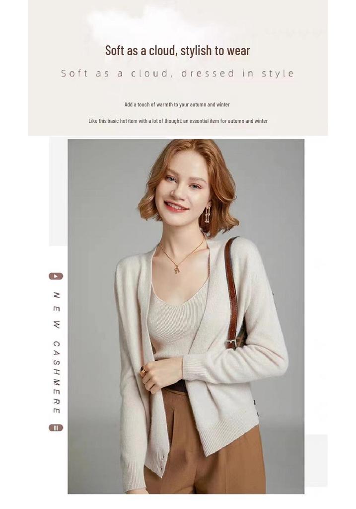 Women's 100% Pure Wool V-neck Cardigan with Side Buckle - Autumn/Winter Long-Sleeve Knit Top