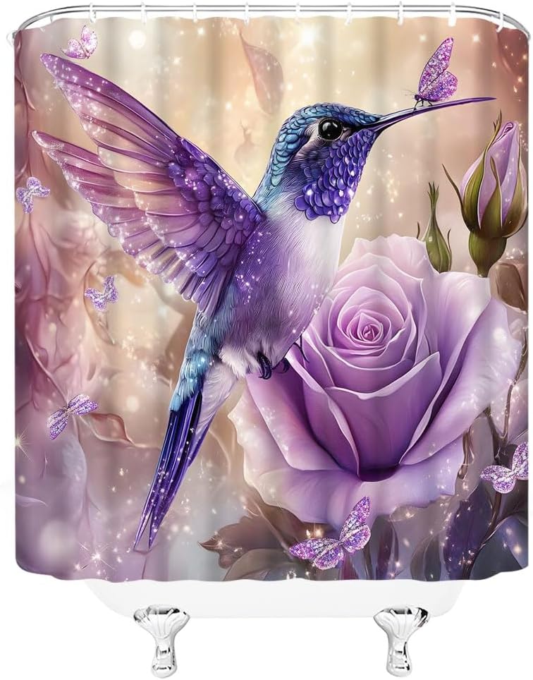 Hummingbird Floral Fantasy Shower Curtain Purple Spring Floral Bird Butterfly Rose Flowers Charming Elegant Women Girl Bathroom