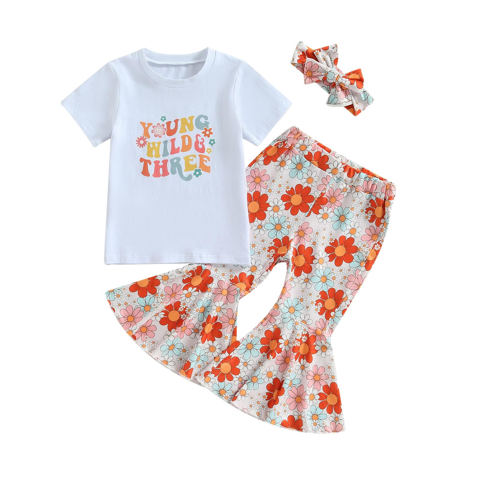 

Детский брючный костюм для девочек 2, 3, 4 лет, повседневная уличная вечеринка, рубашка с короткими рукавами и буквами + брюки-клеш с цветочным принтом + повязка на голову 3-4 Years белый