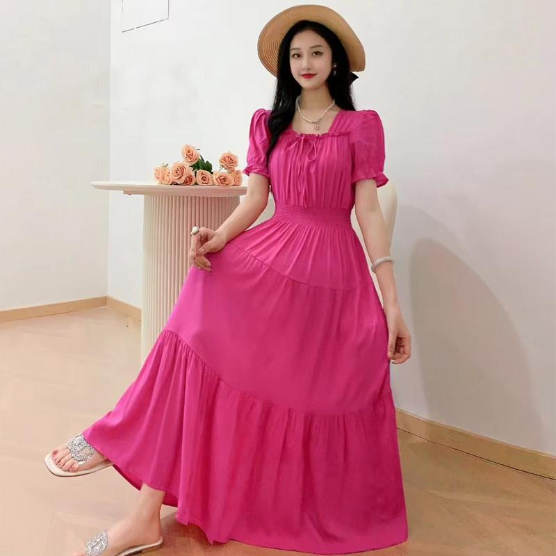 Summer Cotton Silk Floral Print Maxi Dress Bohemian Beachwear High Waist Young Women's Large Skirt Swing Dress