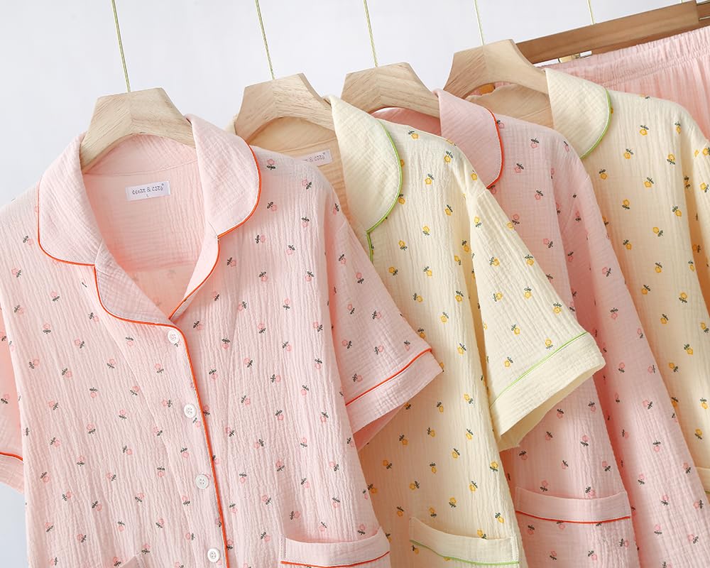 Solid Color Soft Comfortable To the Long Sleeve Top and Cute Loungewear Short Sleeve Floral Women's Pajamas, 100% Cotton, Double-Layered Gauze, Touch,