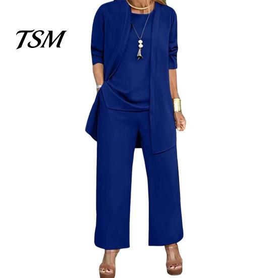 Damen Alltagsmode 3-teiliges Set Damen Mantel Weste Hosen Set Langarm Strickjacke Rundhals Ärmellos Elastische Taille Weiter Bein Hosen Casual Lockerer Hosenanzug