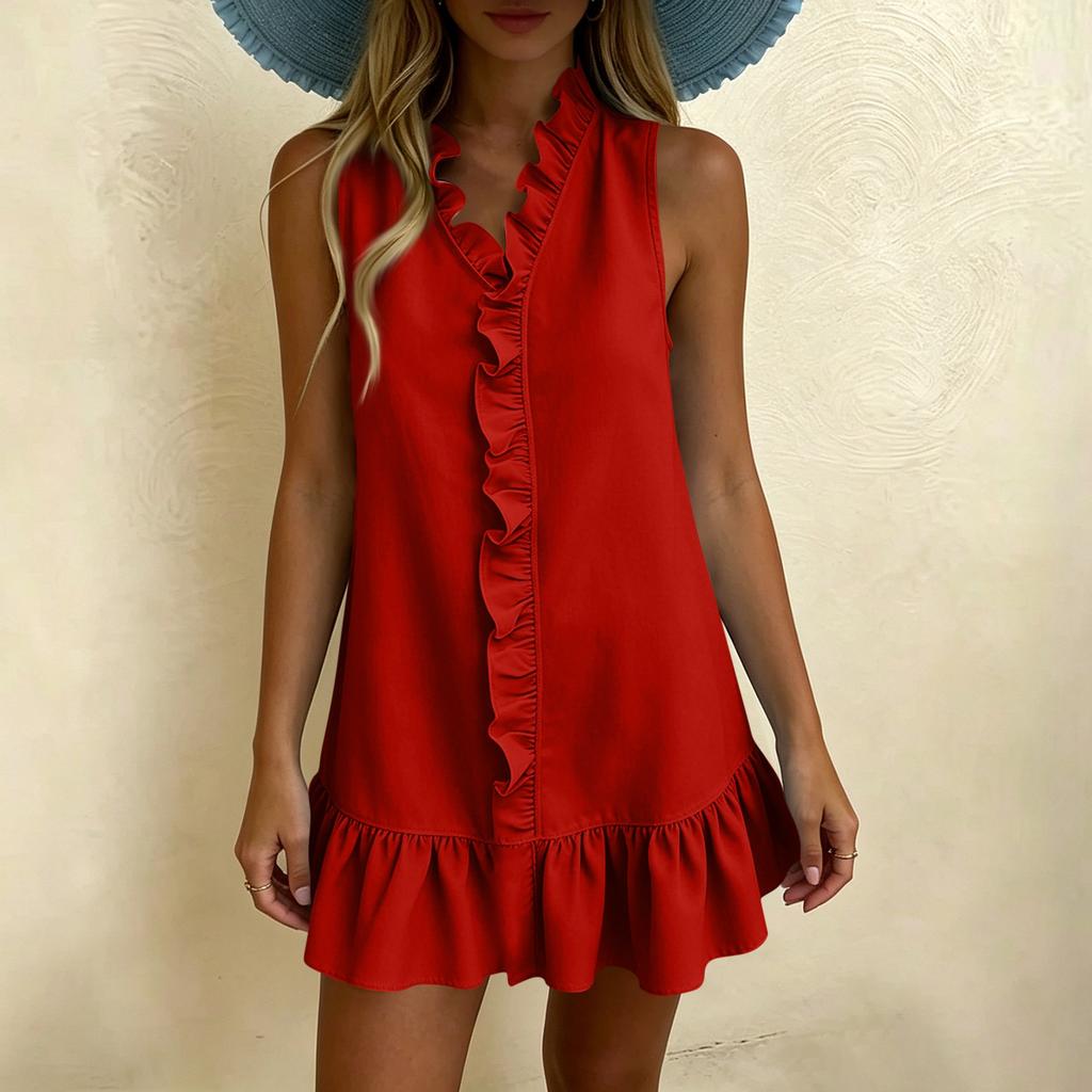 Women's Summer Fashionable Color Sexy V-neck Sleeveless Casual Cotton Linen Ruffle Edge Dress