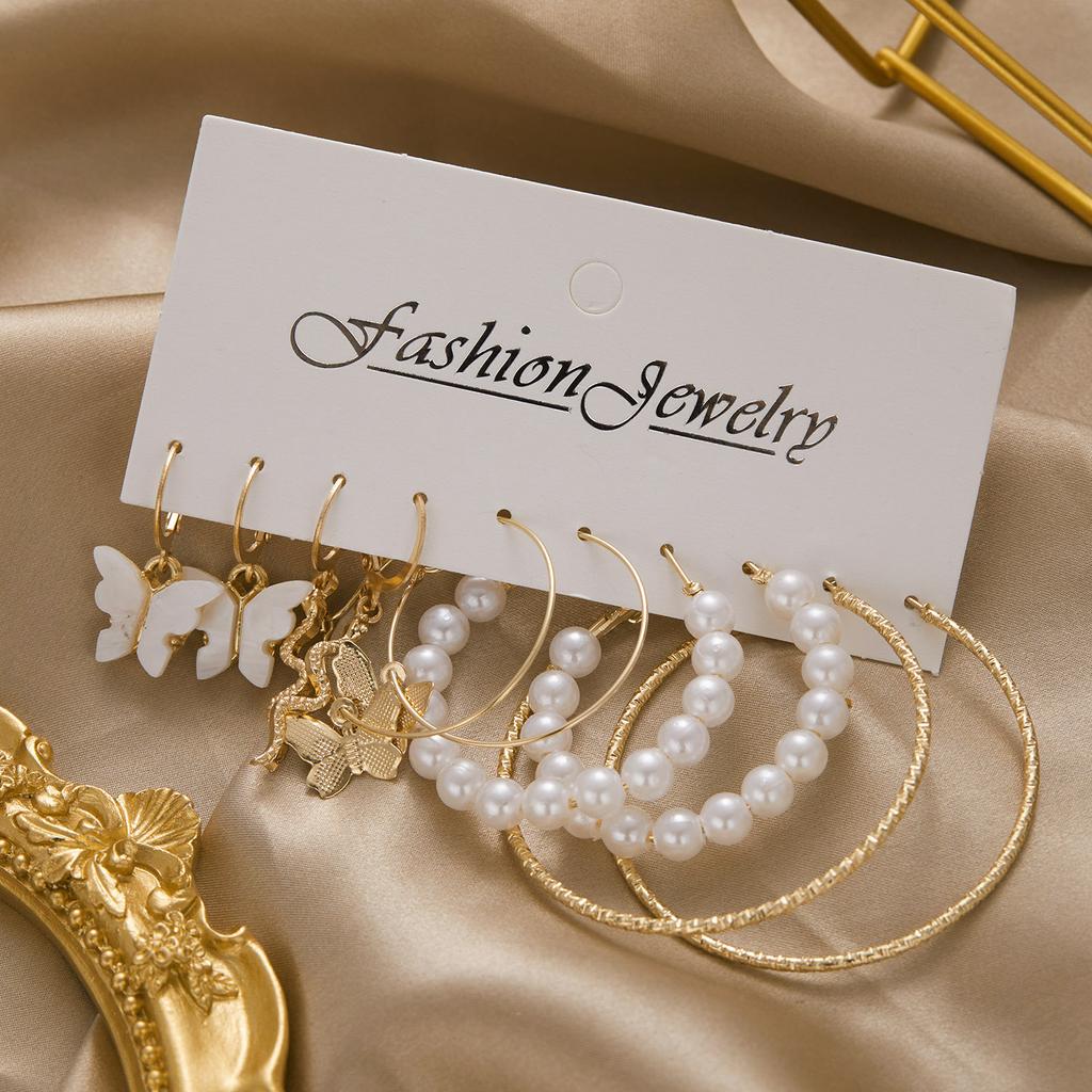 Vintage Geometric Gold Color Hoop Earrings Set Imitation Pearls Acrylic Butterfly Heart Dangle Drop Earrings Trend Jewelry Gifts