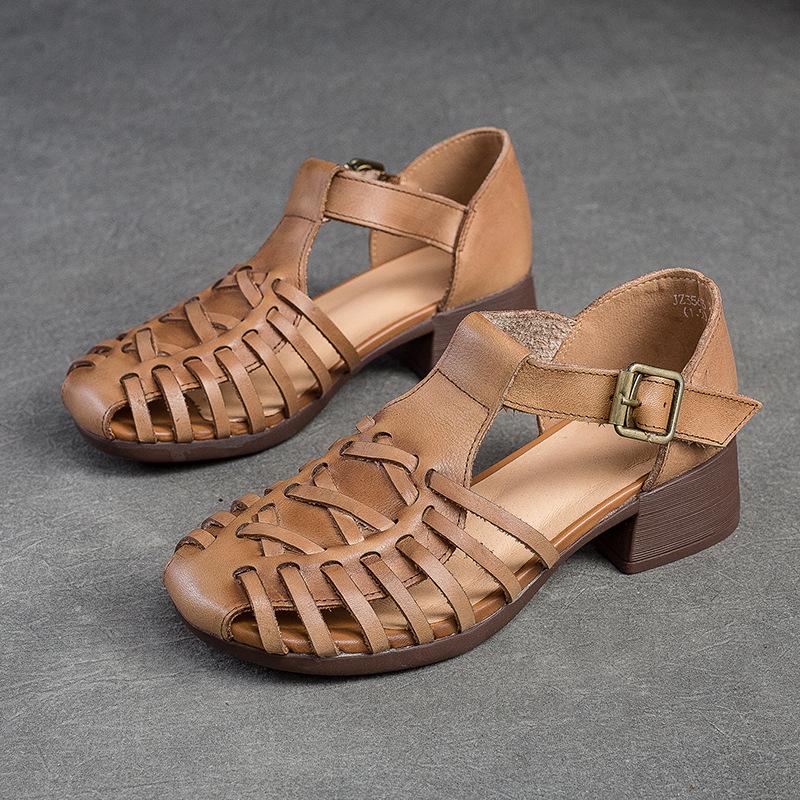 Johnature Sandali traspiranti lavorati a maglia scavati da donna Scarpe comode con tacco spesso in vera pelle retrò